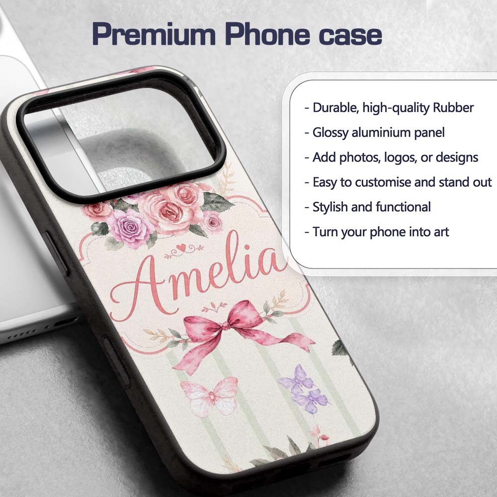 Elegant Watercolor Rose Bouquet Ribbon Butterfly Custom Name Protective Phone Case Mobile Cover Durable Everyday Smartphone Shock Resistant