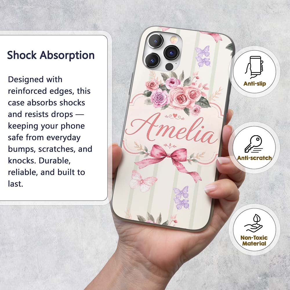 Elegant Watercolor Rose Bouquet Ribbon Butterfly Custom Name Protective Phone Case Mobile Cover Durable Everyday Smartphone Shock Resistant