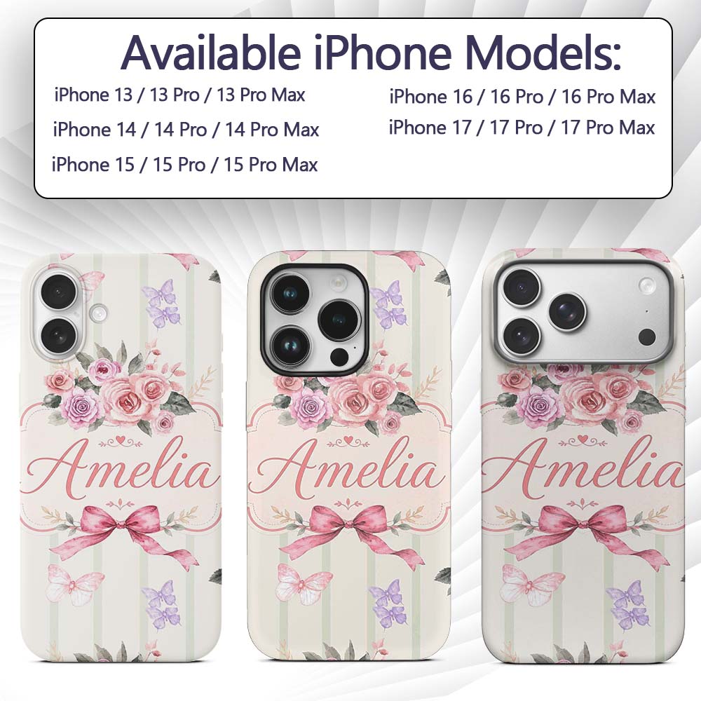 Elegant Watercolor Rose Bouquet Ribbon Butterfly Custom Name Protective Phone Case Mobile Cover Durable Everyday Smartphone Shock Resistant