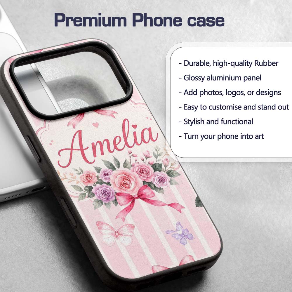 Elegant Watercolor Rose Bouquet Ribbon Butterfly Custom Name Protective Phone Case Mobile Cover Durable Everyday Smartphone Shock Resistant
