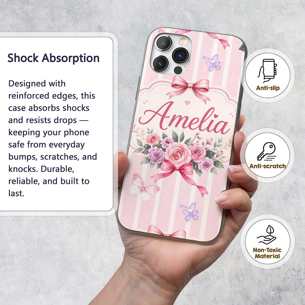 Elegant Watercolor Rose Bouquet Ribbon Butterfly Custom Name Protective Phone Case Mobile Cover Durable Everyday Smartphone Shock Resistant
