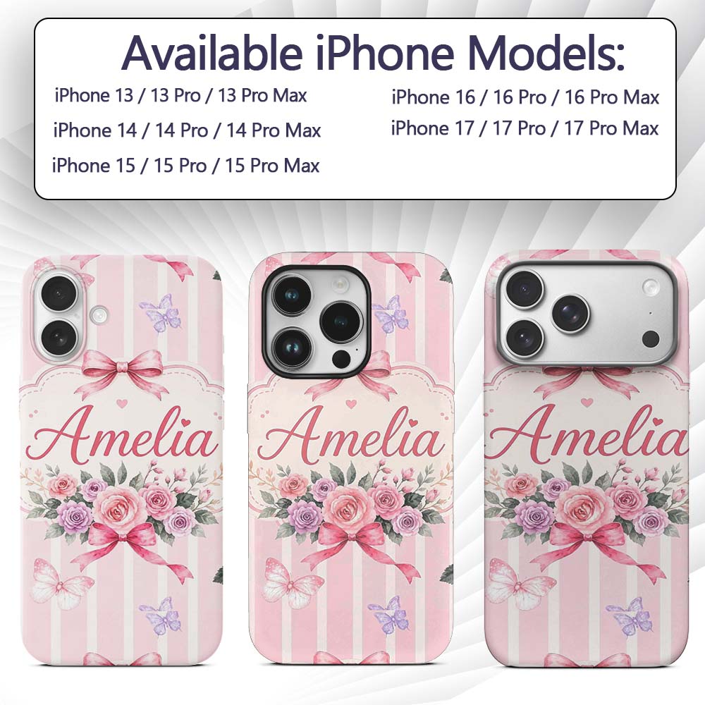 Elegant Watercolor Rose Bouquet Ribbon Butterfly Custom Name Protective Phone Case Mobile Cover Durable Everyday Smartphone Shock Resistant