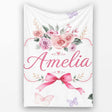 Elegant Watercolor Rose Bouquet Ribbon Butterfly Light Grey Lovely  Personalised Custom Name Super Soft Fleece Blanket Bed Sofa Throw