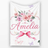 Elegant Watercolor Rose Bouquet Ribbon Butterfly Light Grey Lovely  Personalised Custom Name Super Soft Fleece Blanket Bed Sofa Throw
