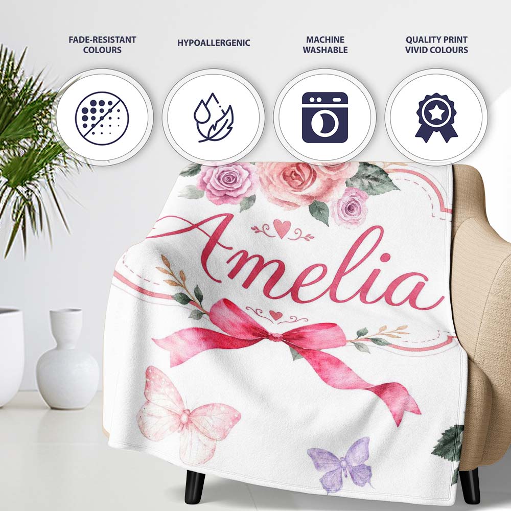 Elegant Watercolor Rose Bouquet Ribbon Butterfly Light Grey Lovely  Personalised Custom Name Super Soft Fleece Blanket Bed Sofa Throw