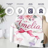 Elegant Watercolor Rose Bouquet Ribbon Butterfly Light Grey Lovely  Personalised Custom Name Super Soft Fleece Blanket Bed Sofa Throw