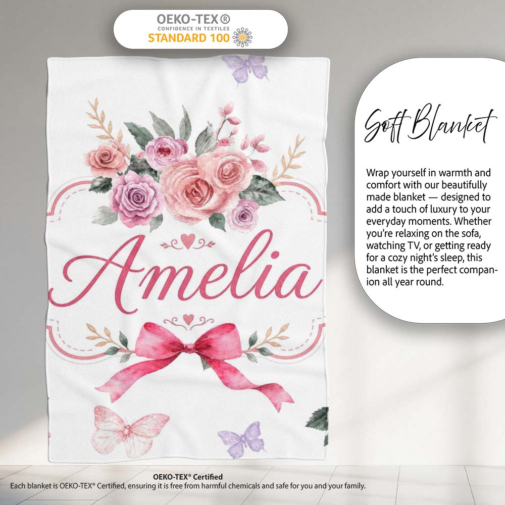 Elegant Watercolor Rose Bouquet Ribbon Butterfly Light Grey Lovely  Personalised Custom Name Super Soft Fleece Blanket Bed Sofa Throw