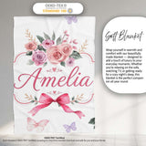 Elegant Watercolor Rose Bouquet Ribbon Butterfly Light Grey Lovely  Personalised Custom Name Super Soft Fleece Blanket Bed Sofa Throw