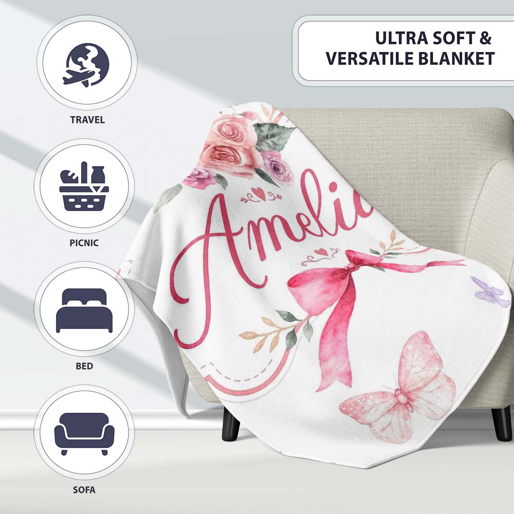 Elegant Watercolor Rose Bouquet Ribbon Butterfly Light Grey Lovely  Personalised Custom Name Super Soft Fleece Blanket Bed Sofa Throw