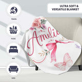 Elegant Watercolor Rose Bouquet Ribbon Butterfly Light Grey Lovely  Personalised Custom Name Super Soft Fleece Blanket Bed Sofa Throw