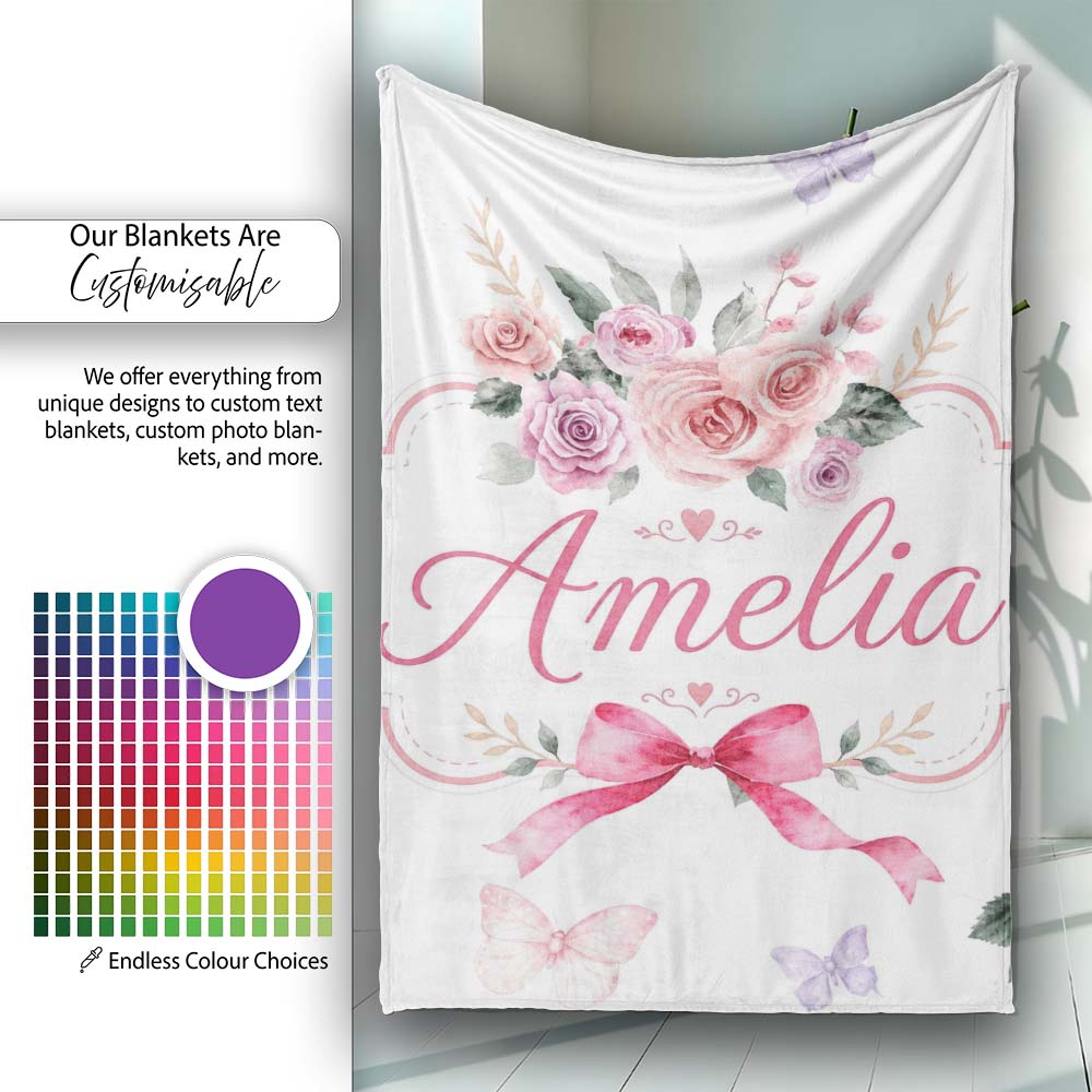 Elegant Watercolor Rose Bouquet Ribbon Butterfly Light Grey Lovely  Personalised Custom Name Super Soft Fleece Blanket Bed Sofa Throw