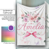 Elegant Watercolor Rose Bouquet Ribbon Butterfly Light Grey Lovely  Personalised Custom Name Super Soft Fleece Blanket Bed Sofa Throw