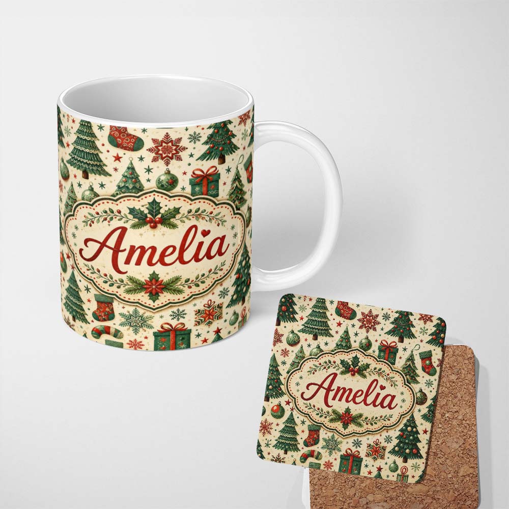 Personalized Custom Name Vintage Snowman Candy Cane Christmas Tree Cute Seamless Pattern 11oz Ceramic Coffee Tea Mug White Large Handle