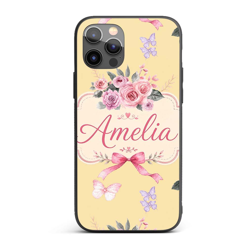 Elegant Watercolor Rose Bouquet Ribbon Butterfly Custom Name Protective Phone Case Mobile Cover Durable Everyday Smartphone Shock Resistant