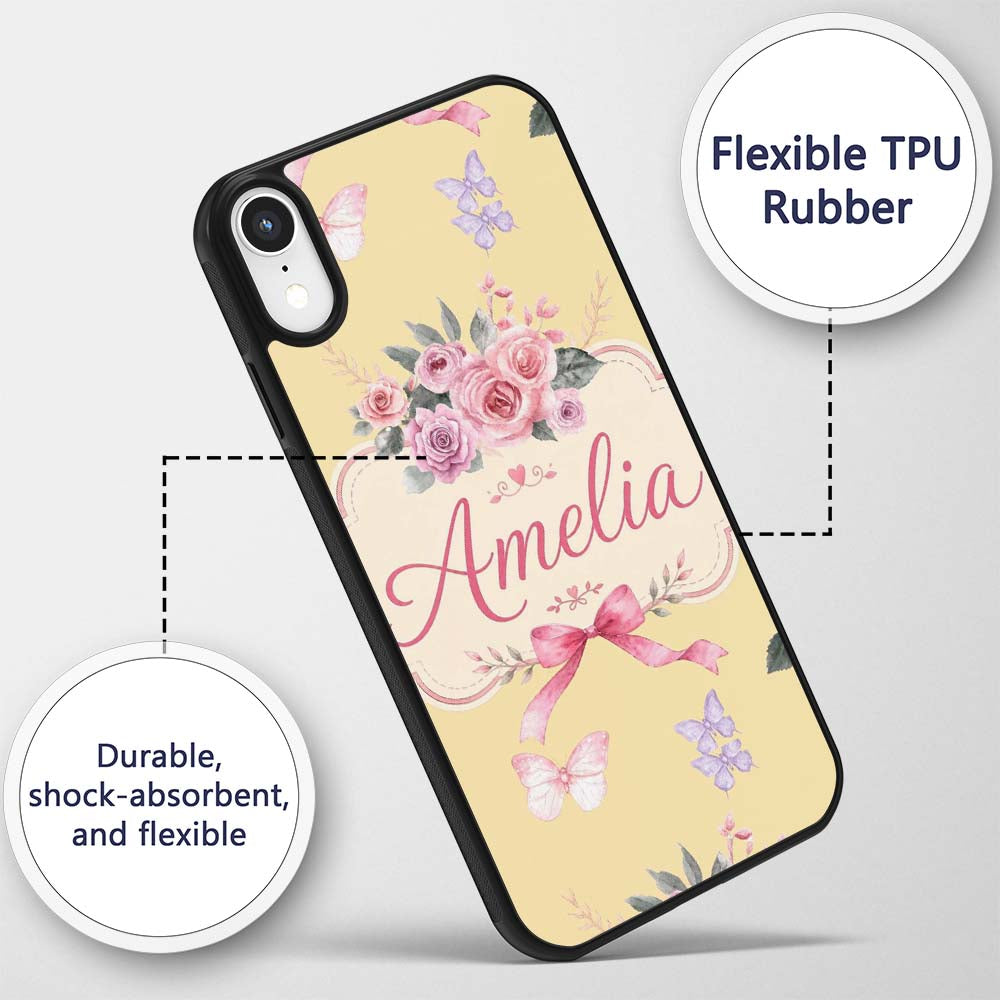 Elegant Watercolor Rose Bouquet Ribbon Butterfly Custom Name Protective Phone Case Mobile Cover Durable Everyday Smartphone Shock Resistant