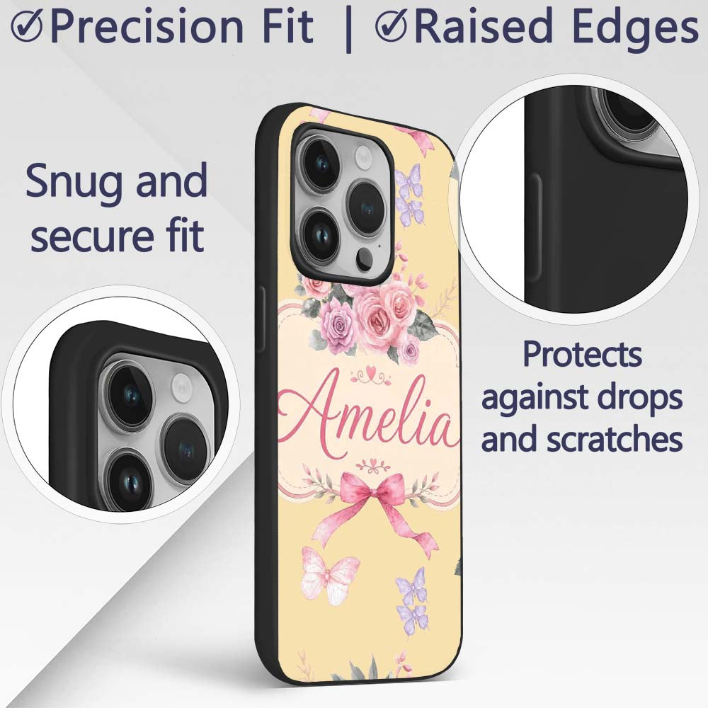 Elegant Watercolor Rose Bouquet Ribbon Butterfly Custom Name Protective Phone Case Mobile Cover Durable Everyday Smartphone Shock Resistant