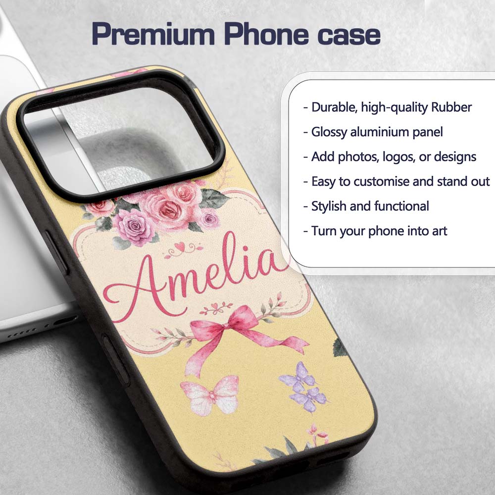 Elegant Watercolor Rose Bouquet Ribbon Butterfly Custom Name Protective Phone Case Mobile Cover Durable Everyday Smartphone Shock Resistant