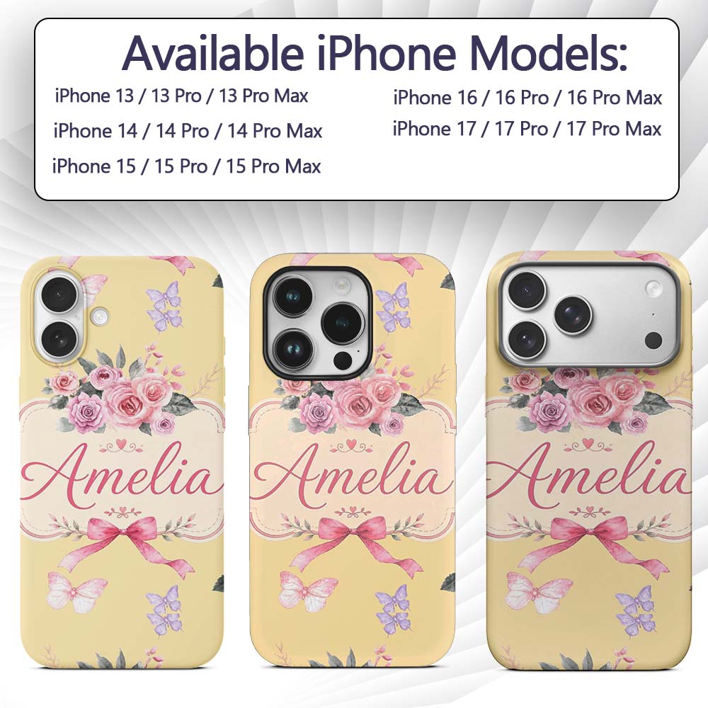 Elegant Watercolor Rose Bouquet Ribbon Butterfly Custom Name Protective Phone Case Mobile Cover Durable Everyday Smartphone Shock Resistant