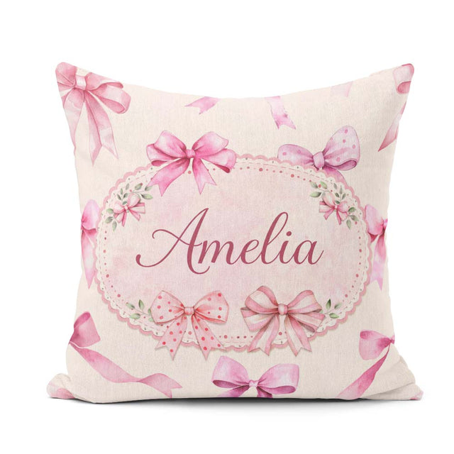 Custom Name Watercolor Pink Ribbon Seamless Pattern on Soft Pink Square Filled Cushion Throw Pillow Sofa Bed Home Decor Zip Washable UK Made