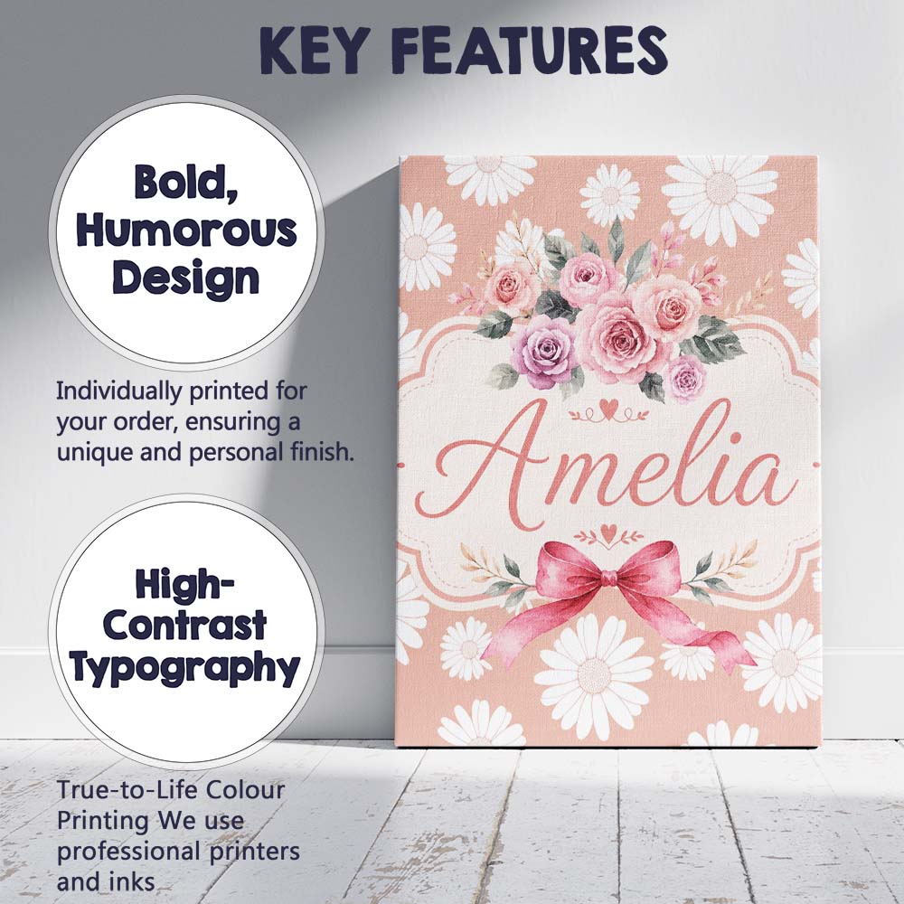 Personalised Name White Daisy Floral Custom Premium Decorative Design Modern Room Accent Canvas Wall Art Print Decor Picture Ready to Hang
