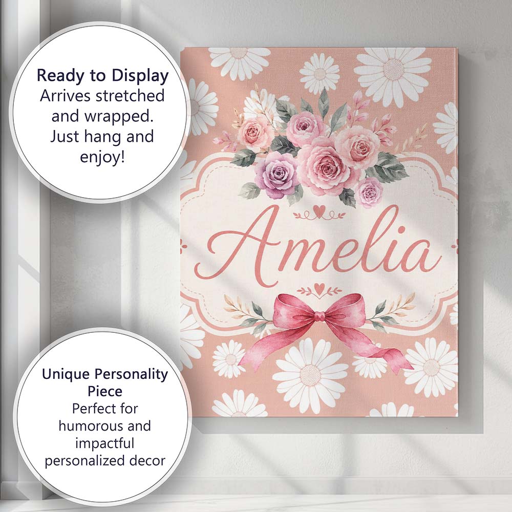 Personalised Name White Daisy Floral Custom Premium Decorative Design Modern Room Accent Canvas Wall Art Print Decor Picture Ready to Hang