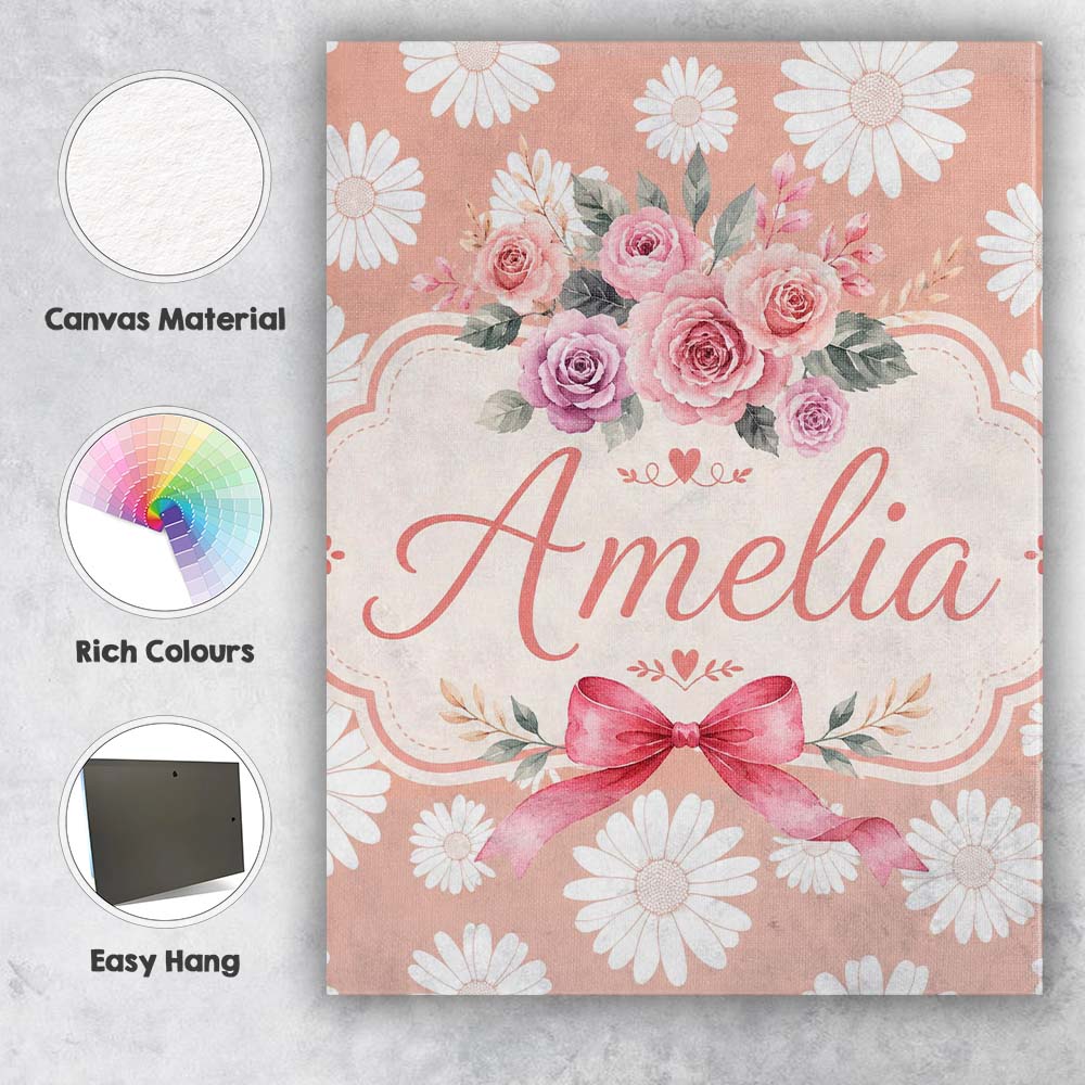 Personalised Name White Daisy Floral Custom Premium Decorative Design Modern Room Accent Canvas Wall Art Print Decor Picture Ready to Hang