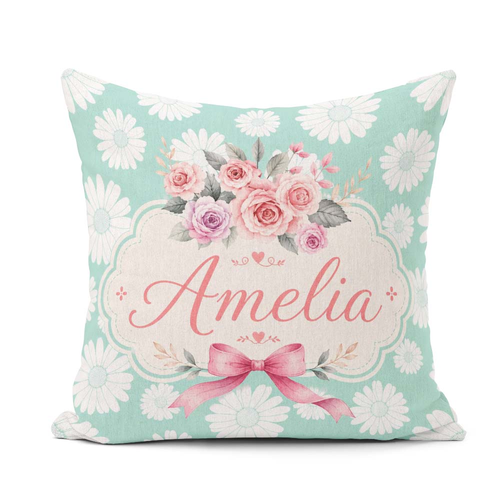 Custom Name White Daisy Floral on Mint Green Background Seamless Square Filled Cushion Throw Pillow Sofa Bed Home Decor Zip Washable UK Made