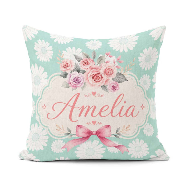 Custom Name White Daisy Floral on Mint Green Background Seamless Square Filled Cushion Throw Pillow Sofa Bed Home Decor Zip Washable UK Made