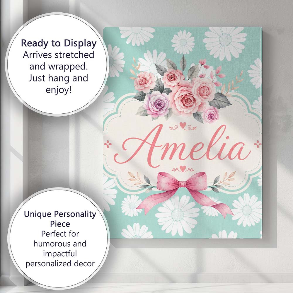 Personalised Name White Daisy Floral Custom Premium Decorative Design Modern Room Accent Canvas Wall Art Print Decor Picture Ready to Hang