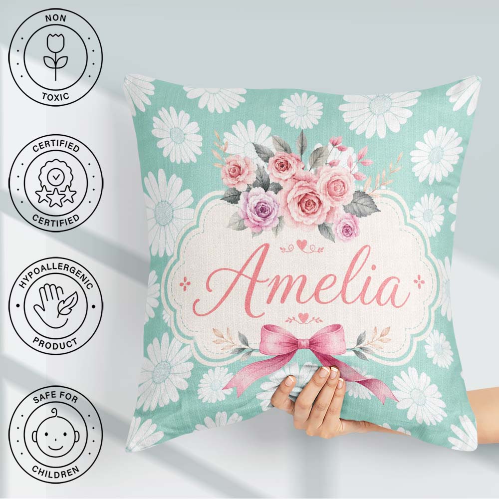 Custom Name White Daisy Floral on Mint Green Background Seamless Square Filled Cushion Throw Pillow Sofa Bed Home Decor Zip Washable UK Made