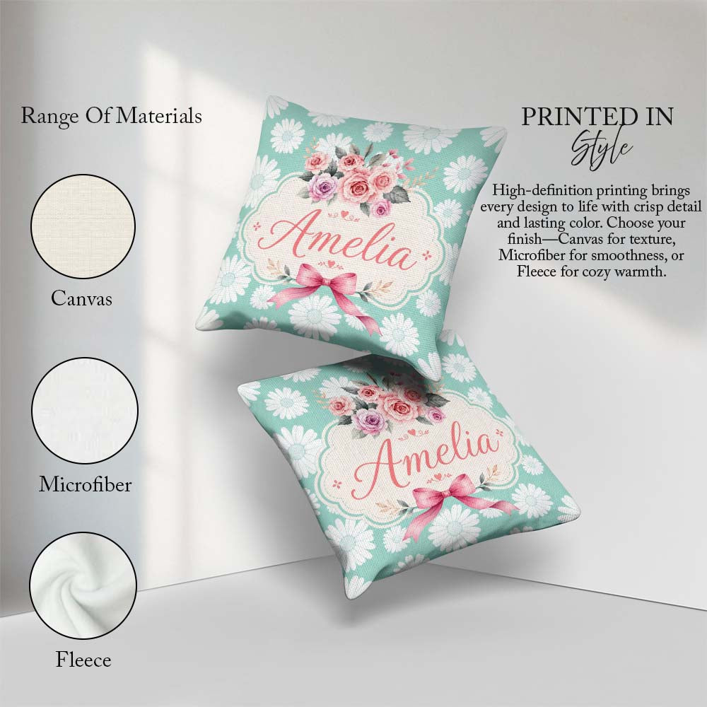 Custom Name White Daisy Floral on Mint Green Background Seamless Square Filled Cushion Throw Pillow Sofa Bed Home Decor Zip Washable UK Made
