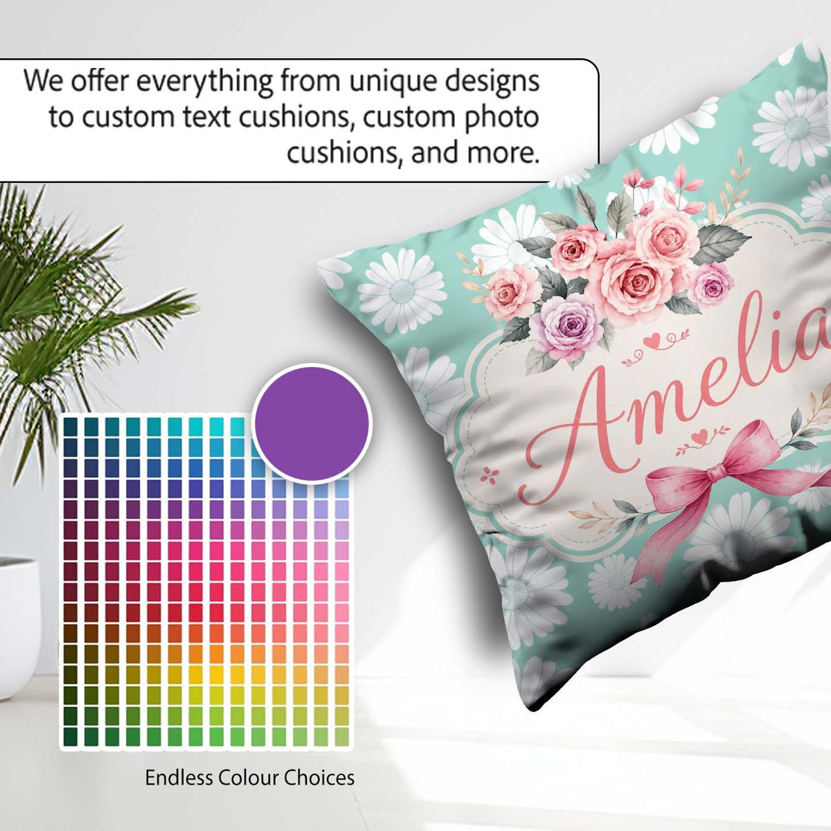 Custom Name White Daisy Floral on Mint Green Background Seamless Square Filled Cushion Throw Pillow Sofa Bed Home Decor Zip Washable UK Made