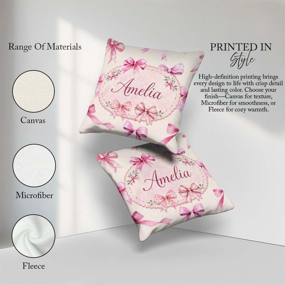 Custom Name Watercolor Pink Ribbon Seamless Pattern on Soft Pink Square Filled Cushion Throw Pillow Sofa Bed Home Decor Zip Washable UK Made
