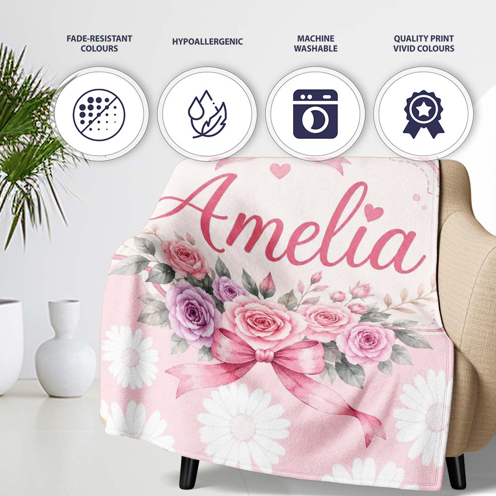 White Daisy Floral Pattern on Soft Blush Pink Background Seamless  Personalised Custom Name Super Soft Fleece Blanket Bed Sofa Throw