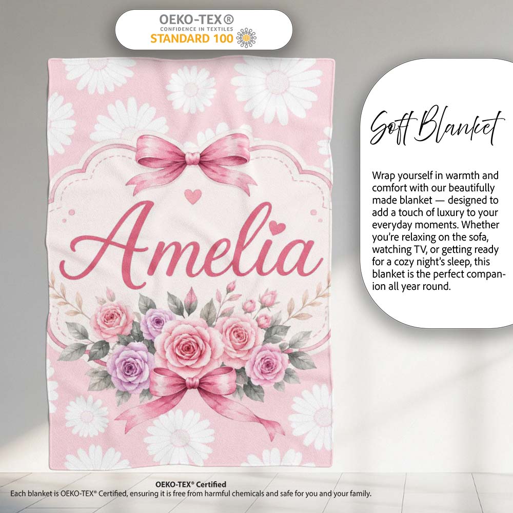 White Daisy Floral Pattern on Soft Blush Pink Background Seamless  Personalised Custom Name Super Soft Fleece Blanket Bed Sofa Throw