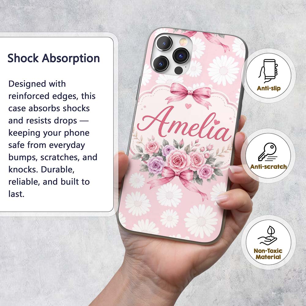 White Daisy Floral Pattern on Soft Blush Pink Custom Name Protective Phone Case Mobile Cover Durable Everyday Smartphone Shock Resistant