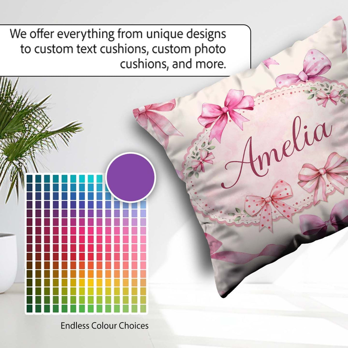 Custom Name Watercolor Pink Ribbon Seamless Pattern on Soft Pink Square Filled Cushion Throw Pillow Sofa Bed Home Decor Zip Washable UK Made