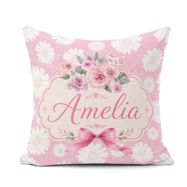 Custom Name White Daisy Floral on Dusty Rose Background Seamless Square Filled Cushion Throw Pillow Sofa Bed Home Decor Zip Washable UK Made
