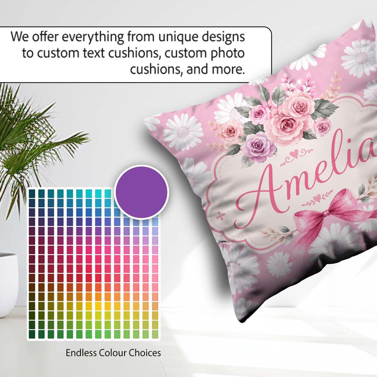 Custom Name White Daisy Floral on Dusty Rose Background Seamless Square Filled Cushion Throw Pillow Sofa Bed Home Decor Zip Washable UK Made