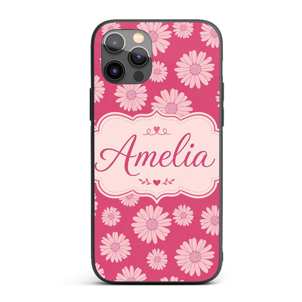 White Daisy Floral Pattern on Printed Design Custom Name Protective Phone Case Mobile Cover Durable Everyday Smartphone Shock Resistant
