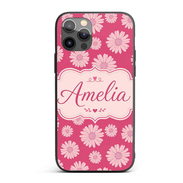 White Daisy Floral Pattern on Printed Design Custom Name Protective Phone Case Mobile Cover Durable Everyday Smartphone Shock Resistant