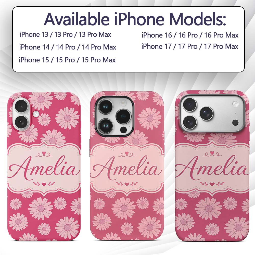 White Daisy Floral Pattern on Printed Design Custom Name Protective Phone Case Mobile Cover Durable Everyday Smartphone Shock Resistant
