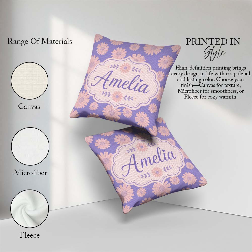 Custom Name Peach Floral Pattern on Lavender Background Seamless Square Filled Cushion Throw Pillow Sofa Bed Home Decor Zip Washable UK Made