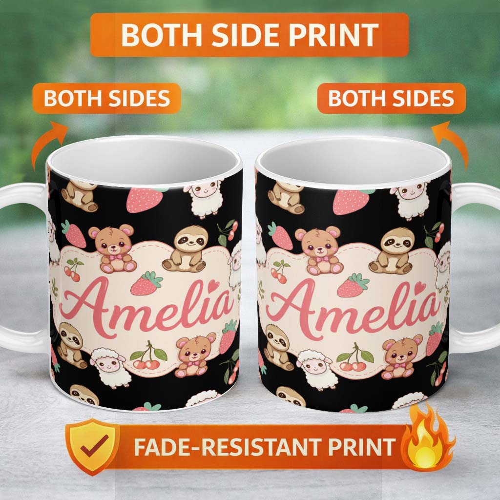 Personalized Custom Name Cute Cute Baby Animals Bear Sheep Sloth Strawberry Cherry Black 11oz Ceramic Coffee Tea Mug White Large Handle