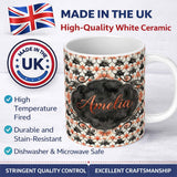 Personalized Custom Name Ornate Floral Tile Pattern with Red Accents Seamless Pattern Lovely 11oz Ceramic Coffee Tea Mug White Large Handle