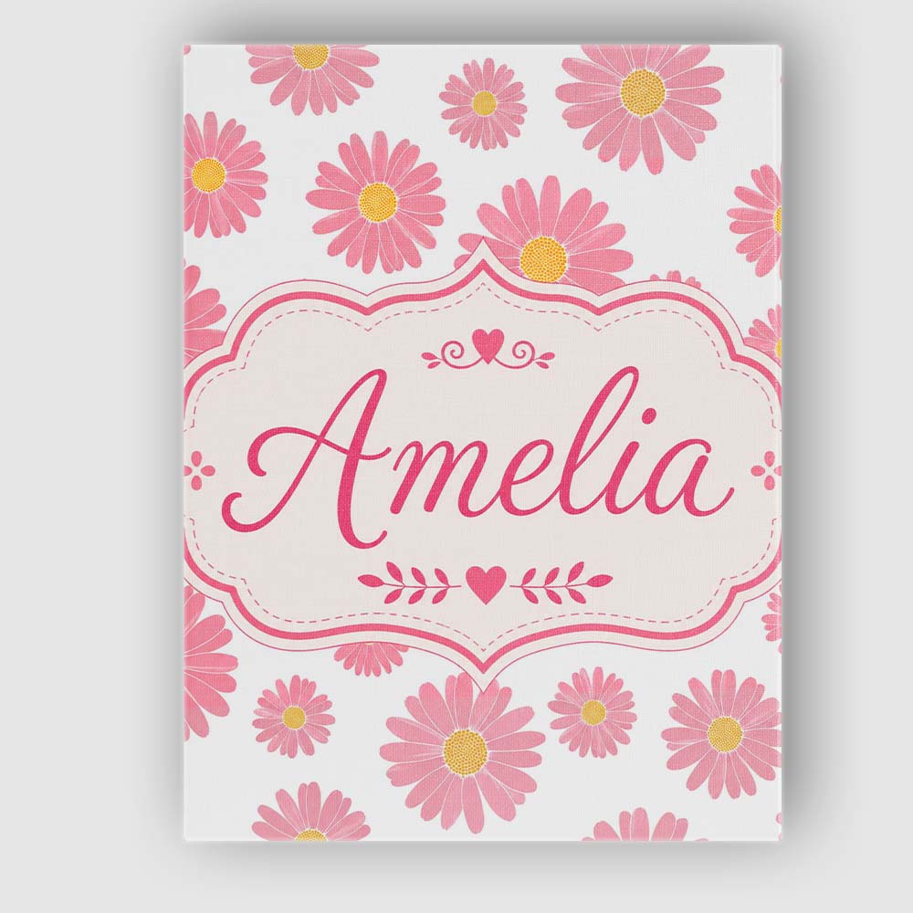 Personalised Name Pink Daisy Floral Pattern Custom  Bespoke Interior Contemporary Canvas Wall Art Print Decor Picture Ready to Hang