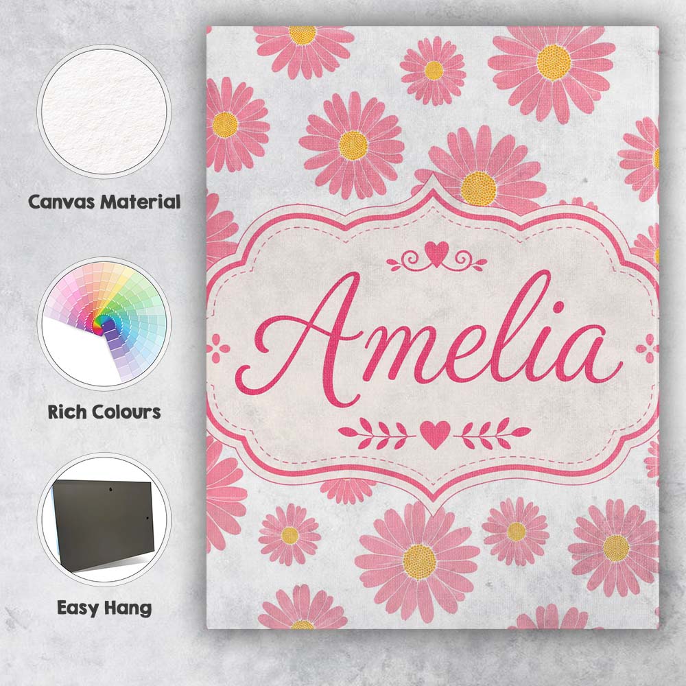Personalised Name Pink Daisy Floral Pattern Custom  Bespoke Interior Contemporary Canvas Wall Art Print Decor Picture Ready to Hang