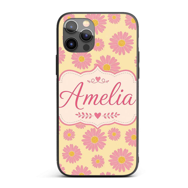 Pink Daisy Floral Pattern on Soft Printed Design Custom Name Protective Phone Case Mobile Cover Durable Everyday Smartphone Shock Resistant
