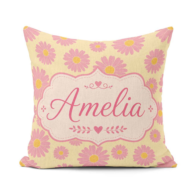 Custom Name Pink Daisy Floral on Soft Yellow Background Seamless Square Filled Cushion Throw Pillow Sofa Bed Home Decor Zip Washable UK Made