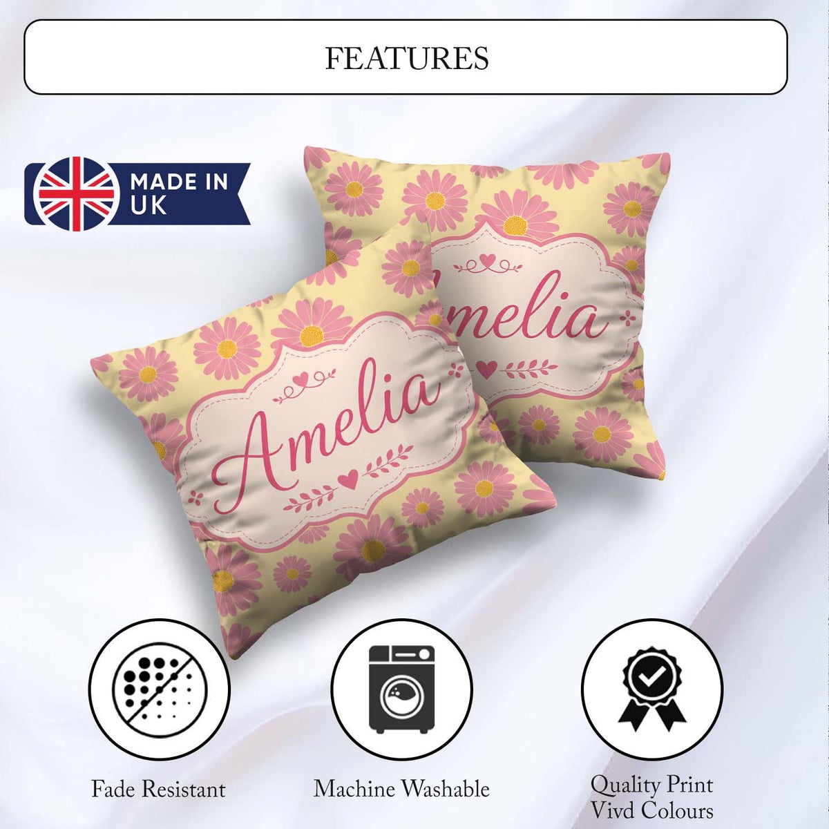 Custom Name Pink Daisy Floral on Soft Yellow Background Seamless Square Filled Cushion Throw Pillow Sofa Bed Home Decor Zip Washable UK Made